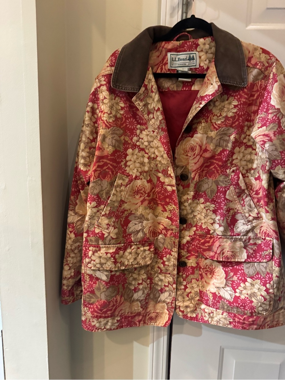 L.L. Bean Floral Canvas Utility Jacket with corduroy Brown Trim Collar Large - Picture 1 of 6